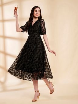 JUSTIN WHYTE - Stylish Black Textured Pleated Midi Dress