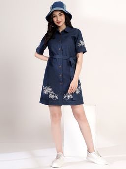 JUSTIN WHYTE - Fancy Blue Embroidered Denim Mini Dress With Belt