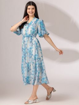 JUSTIN WHYTE - Stylish Blue And White Flared Midi Dress