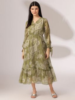 JUSTIN WHYTE - Classy Green Printed Ruffled Dress