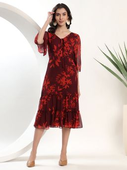 JUSTIN WHYTE - Floral Maroon Midi Dress