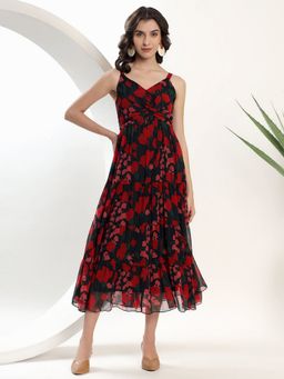 JUSTIN WHYTE - Printed Black And Red Midi Dress