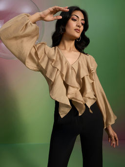 RSVP by Nykaa Fashion - Beige V Neck Balloon Sleeves Ruffled Top
