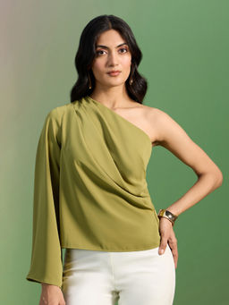 RSVP by Nykaa Fashion - Green One Shoulder Flared Sleeves Top