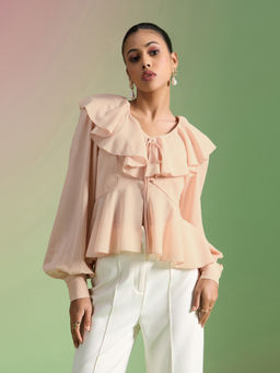 RSVP by Nykaa Fashion - Peach V Neck Bishop Sleeves Ruffled Top