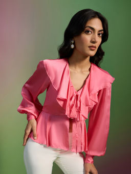 RSVP by Nykaa Fashion - Candy Pink V Neck Bishop Sleeves Ruffled Top