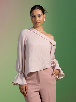 RSVP by Nykaa Fashion - Light Pink One Shoulder Full Bishop Sleeves Asymmetric Top