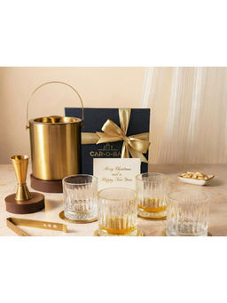Car-O-Bar - Gold Stainless Steel Ice Bucket & Tong with 4 Whiskey Glasses