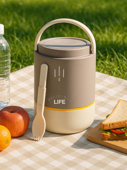 YELONA - Grey 3-Tier Stainless Steel Lunch Box with Fork