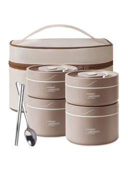 YELONA - Brown 4 Insulated Bento Lunch Box & Spoon Chopsticks with Thermal Bag