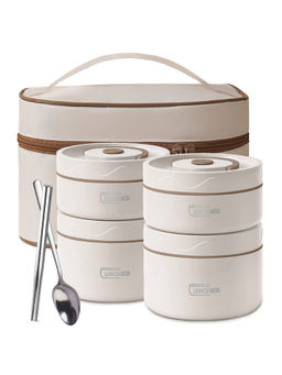 YELONA - Beige 4 Insulated Bento Lunch Box & Spoon Chopsticks with Thermal Bag