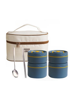 YELONA - Blue 4 Insulated Bento Lunch Box & Spoon Chopsticks with Thermal Bag