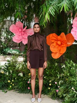ETE - Maxime-brown Satin Shirt With A Tie Up Belt And Crepe Skords (set Of 2)