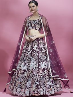 Panchhi - Burgundy Sequins Work Semi-Stitched Lehenga-Unstitched Blouse with Dupatta (Set of 3)