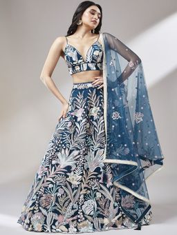 Panchhi - Navy Blue Sequins Work Semi-Stitched Lehenga-Unstitched Blouse with Dupatta (Set of 3)