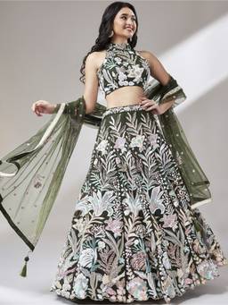 Panchhi - Olive Sequins Work Semi-Stitched Lehenga-Unstitched Blouse with Dupatta (Set of 3)