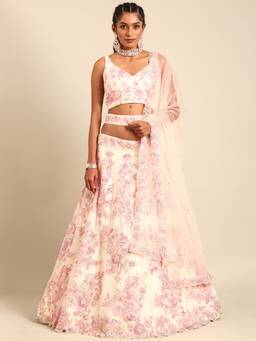 Panchhi - Cream Sequins Embroidery Semi-Stitched Lehenga-Choli with Dupatta and Belt (Set of 4)