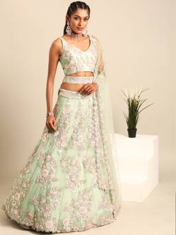 Panchhi - Lime Green Sequins- Embroidery Semi-Stitched Lehenga-Blouse with Dupatta and Belt (Set of 4)
