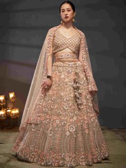 Panchhi - Peach Sequins- Embroidery Semi-Stitched Lehenga-Blouse with Dupatta and Belt (Set of 4)