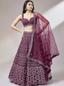 Panchhi - Burgundy Heavy Sequins Embroidery Semi-Stitched Lehenga Choli and Dupatta (Set of 3)