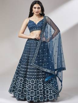 Panchhi - Navy Blue Heavy Sequins Embroidery Semi-Stitched Lehenga Choli and Dupatta (Set of 3)