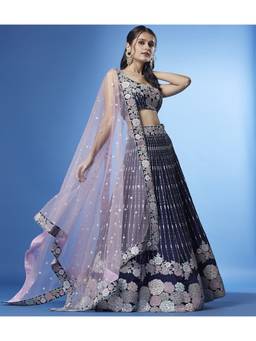 Panchhi - Navy Blue Georgette Sequins Embroidery Semi-Stitched Lehenga Choli and Dupatta (Set of 3)