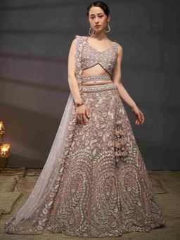 Panchhi - Mauve Sequins- Embroidery Semi-Stitched Lehenga-Blouse with Dupatta and Belt (Set of 4)