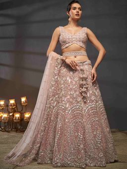 Panchhi - Pink Multi Sequins- Embroidery Semi-Stitched Lehenga-Blouse with Dupatta and Belt (Set of 4)