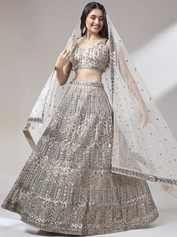 Panchhi - Beige Mirror and Sequins Embroidery Semi-Stitched Lehenga Choli and Dupatta (Set of 3)