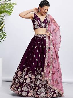 Panchhi - Burgundy Sequins and Embroidery Semi-Stitched Lehenga Choli and Dupatta (Set of 3)