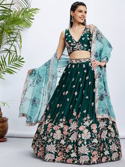 Panchhi - Green Soft Satin Sequins and Embroidery Semi-Stitched Lehenga Blouse and Dupatta (Set of 3)