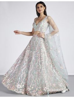 Panchhi - Lime Green Sequins and Thread Embroidery Semi-Stitched Lehenga Choli and Dupatta (Set of 3)