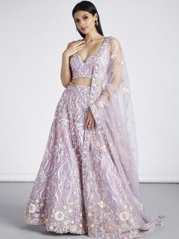 Panchhi - Lavender Sequins and Thread Embroidery Semi-Stitched Lehenga Choli and Dupatta (Set of 3)