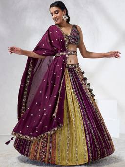 Panchhi - Burgundy Sequins Embroidery Semi-Stitched Lehenga-Choli with Dupatta and Belt (Set of 4)