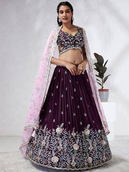 Panchhi - Burgundy Mirror and Embroidery Semi-Stitched Lehenga Blouse and Dupatta (Set of 3)