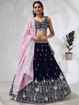 Panchhi - Navy Blue Georgette Mirror and Embroidery Semi-Stitched Lehenga Choli and Dupatta (Set of 3)