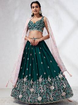 Panchhi - Teal Mirror and Embroidery Semi-Stitched Lehenga Blouse and Dupatta (Set of 3)