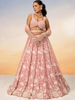 Panchhi - Pink Chinon Sequins Embroidery Semi-Stitched Lehenga-Choli with Dupatta and Belt (Set of 4)