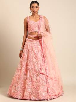 Panchhi - Pink Sequins and Embroidery Semi-Stitched Lehenga-Blouse with Dupatta and Belt (Set of 4)