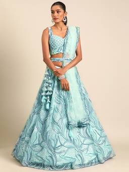 Panchhi - Turquoise Sequins Embroidery Semi-Stitched Lehenga-Choli with Dupatta and Belt (Set of 4)