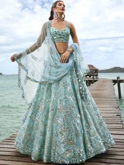 Panchhi - Blue Sequins Embroidery Semi-Stitched Lehenga-Choli with Dupatta and Belt (Set of 4)
