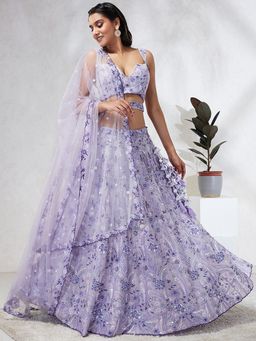 Panchhi - Lavender Sequins Embroidery Semi-Stitched Lehenga-Blouse with Dupatta and Belt (Set of 4)