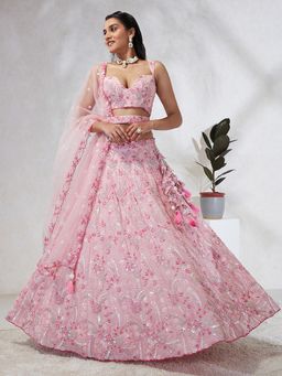 Panchhi - Pink Sequins and Embroidery Semi-Stitched Lehenga-Blouse with Dupatta and Belt (Set of 4)