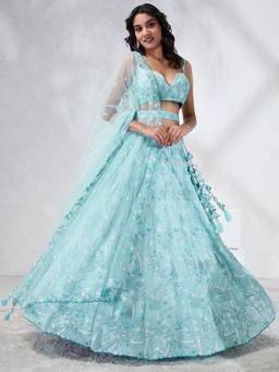 Panchhi - Turquoise Sequins Embroidery Semi-Stitched Lehenga-Blouse with Dupatta and Belt (Set of 4)