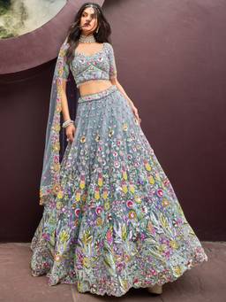 Panchhi - Blue Sequin Embroidery Semi-Stitched Lehenga-Choli with Dupatta (Set of 3)