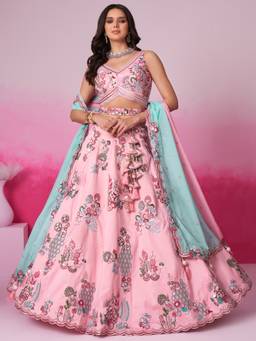 Panchhi - Pink Mirror and Embroidery Semi-Stitched Lehenga Choli with Dupatta and Belt (Set of 4)