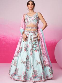 Panchhi - Blue Sequin Embroidery Semi-Stitched Lehenga Blouse with Dupatta and Belt (Set of 4)