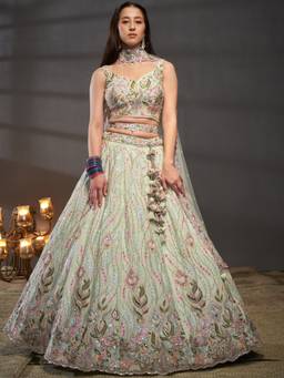 Panchhi - Green Sequin Embroidery Semi-Stitched Bridel Lehenga-Blouse with Dupatta and Belt (Set of 4)
