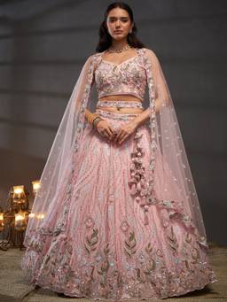 Panchhi - Pink Sequin Embroidery Semi-Stitched Bridel Lehenga-Choli with Dupatta and Belt (Set of 4)