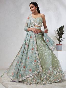 Panchhi - Lime Green Sequins- Embroidery Semi-Stitched Lehenga-Blouse with Dupatta and Belt (Set of 4)